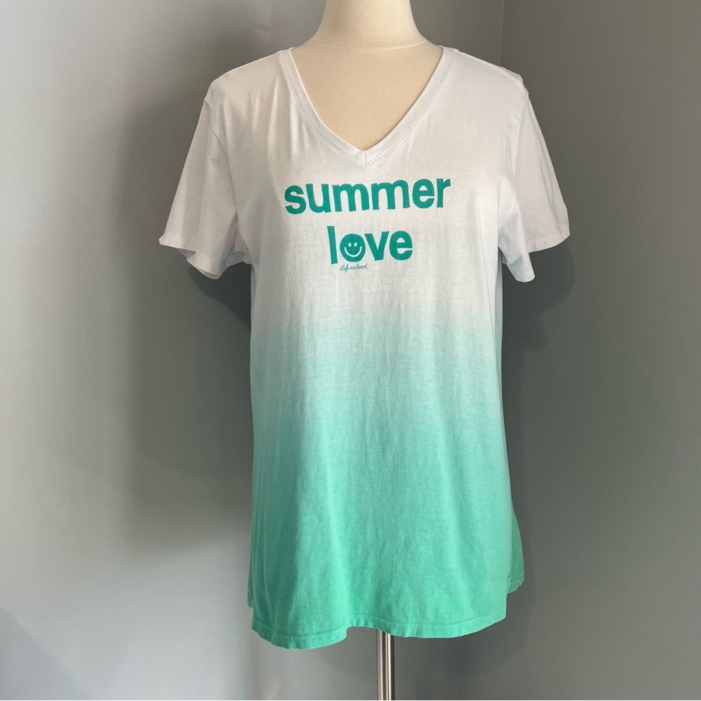 Life Is Good L White Green Ombre V-Neck Graphic T-Shirt Crusher Tee